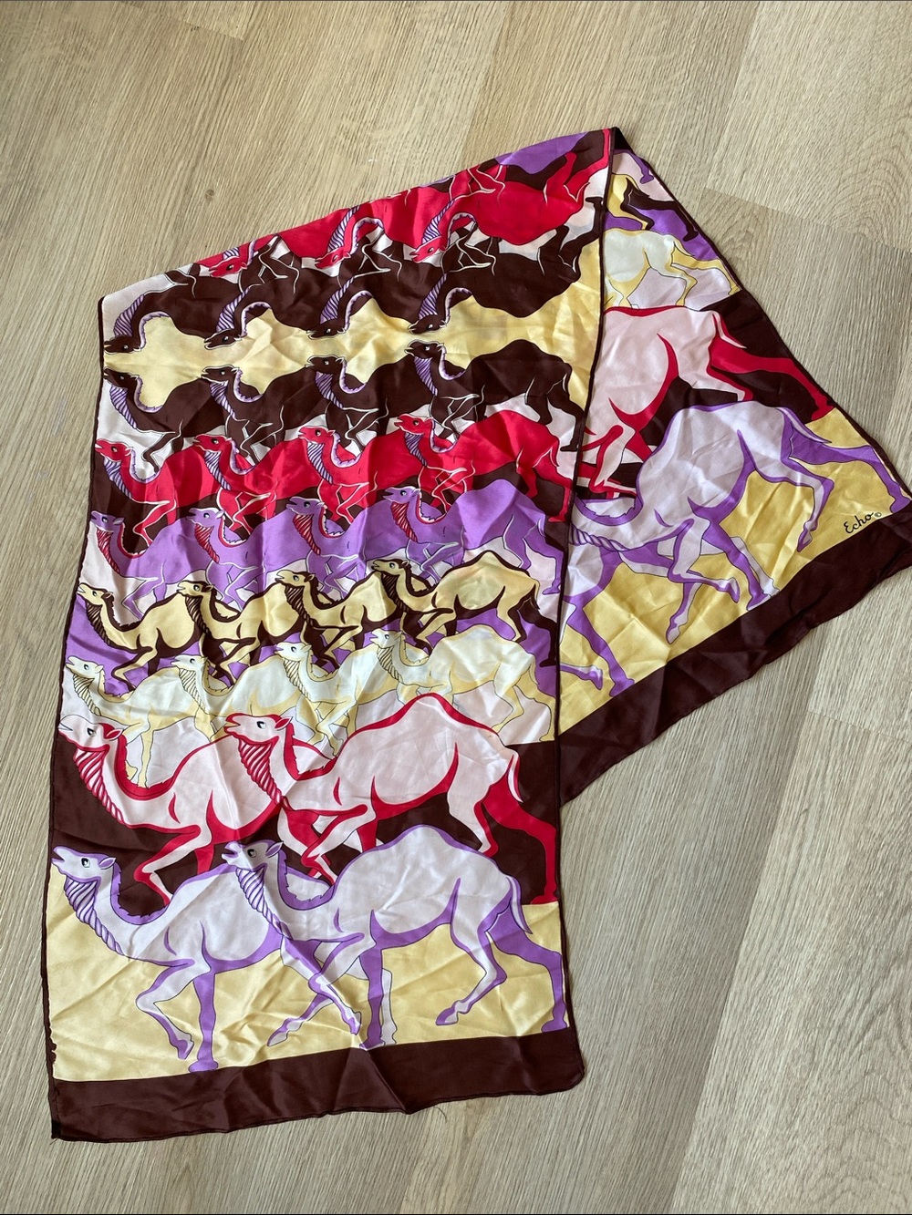 Echo Camel Print Scarf Wrap Brown Purple Red Satin Look